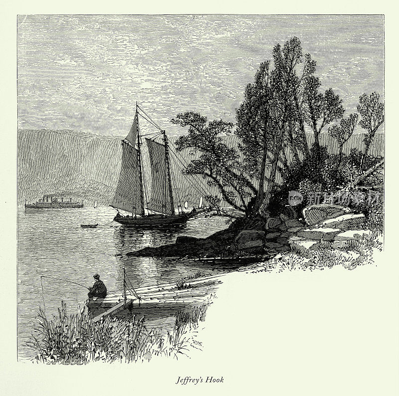 Vintage Jeffrey’s Hook,华盛顿堡,纽约,维多利亚版画,1875年